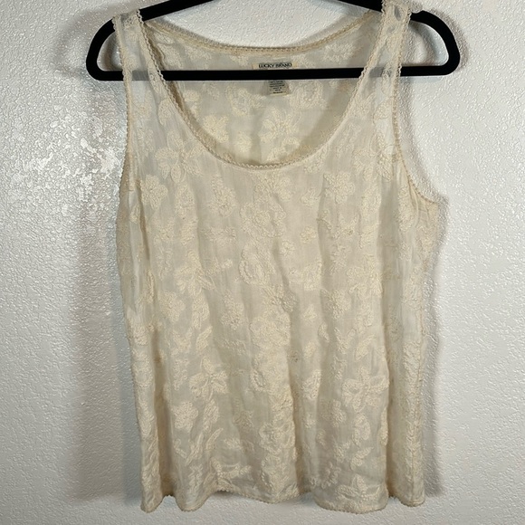 Lucky Brand Cream Gauzy Floral Embroidered Boho Tank Size Medium - Picture 1 of 6